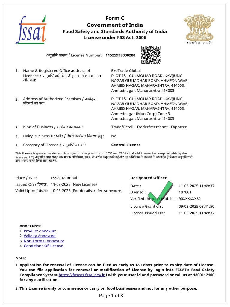 FSSAI Central License Form C Details | PDF | Cooking Oil | License