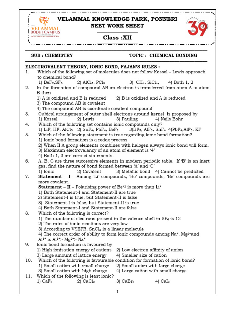 Neet Rpt 2 Chemistry Worksheet | PDF | Chemical Bond | Ionic Bonding