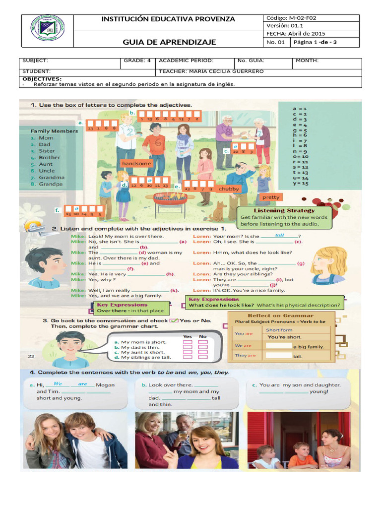 Guía de Aprendizaje Inglés 4° Grado | PDF