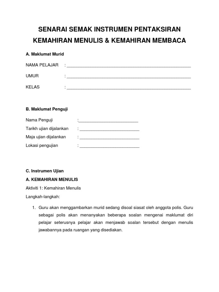 Senarai Semak Kemahiran Menulis Membaca