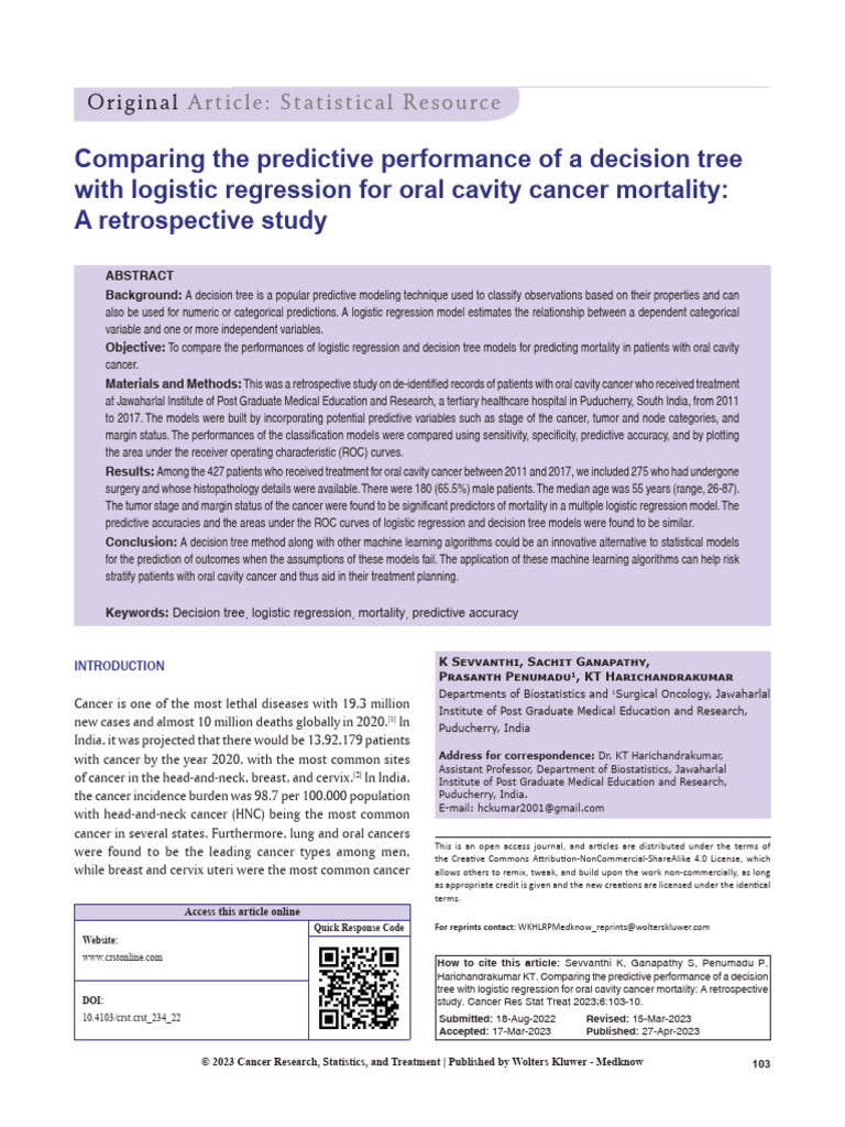 Decision Tree vs. Logistic Regression in Oral Cancer Mortality | PDF ...
