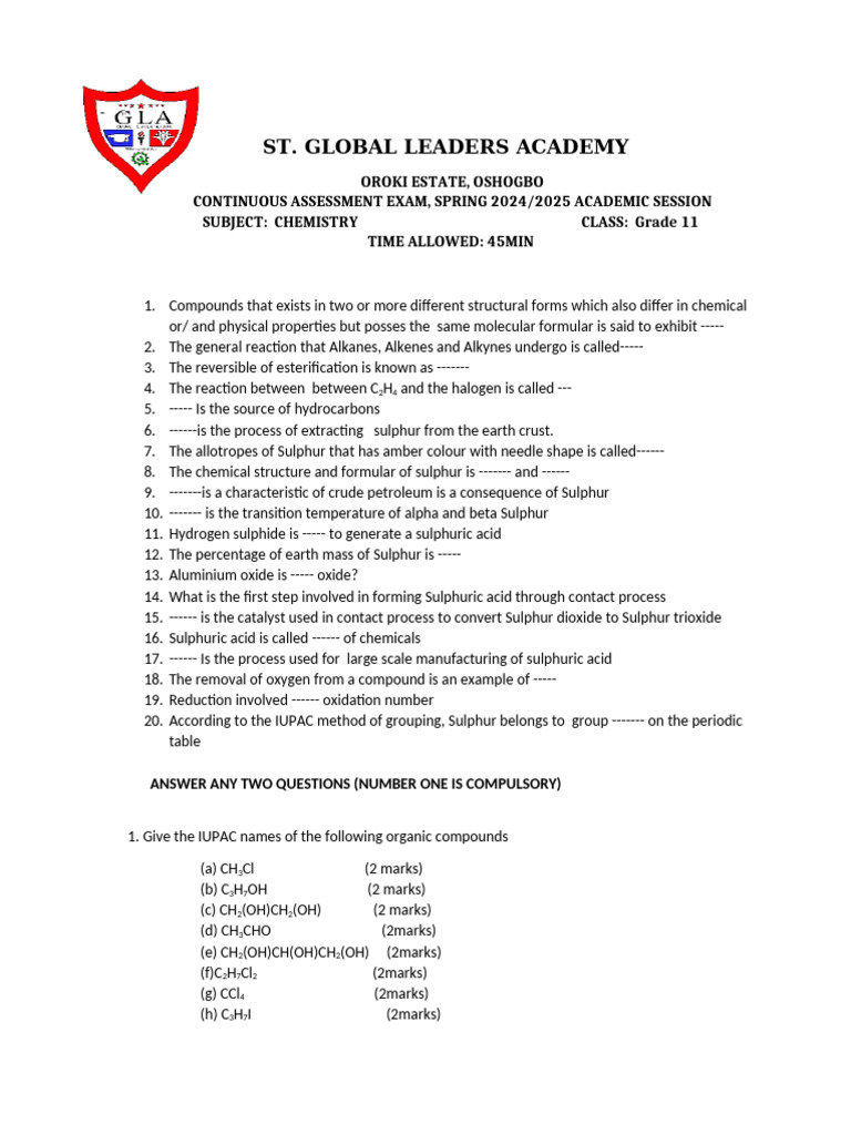 Grade 11 Chemistry Assessment 2024 | PDF | Sulfur | Sulfuric Acid