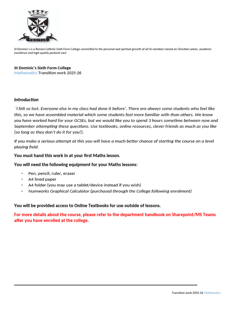 St Dominic's Maths Transition Work 2025-26 | PDF | Equations | Line ...