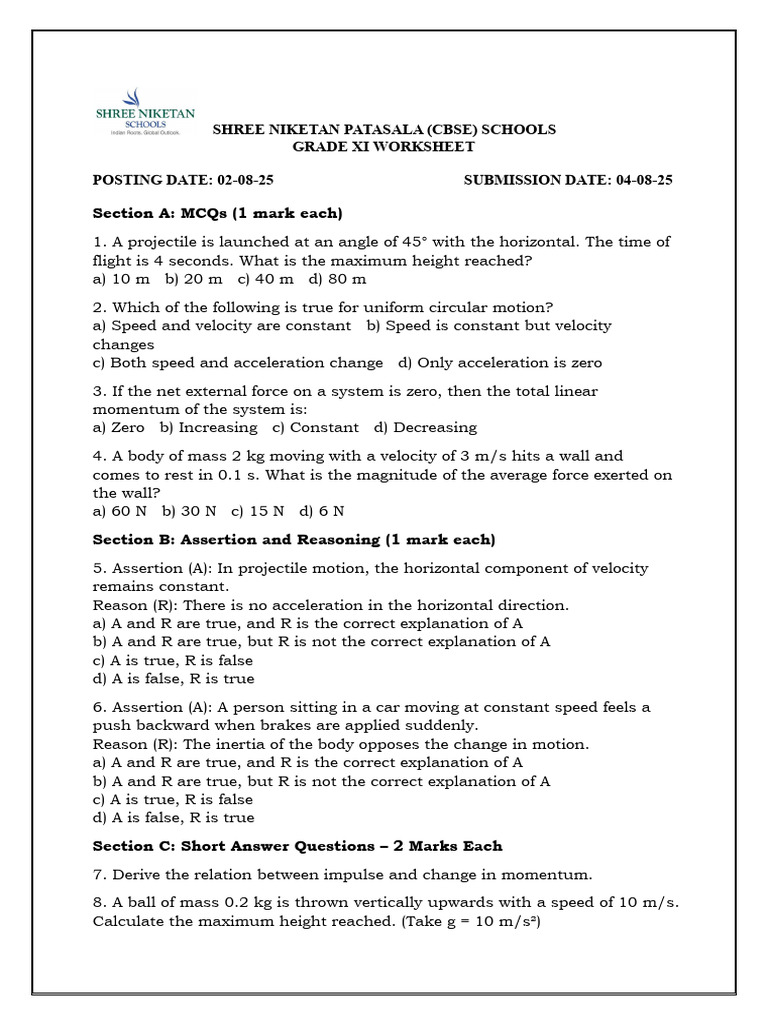 Grade Xi Physics Worksheet | PDF | Acceleration | Force