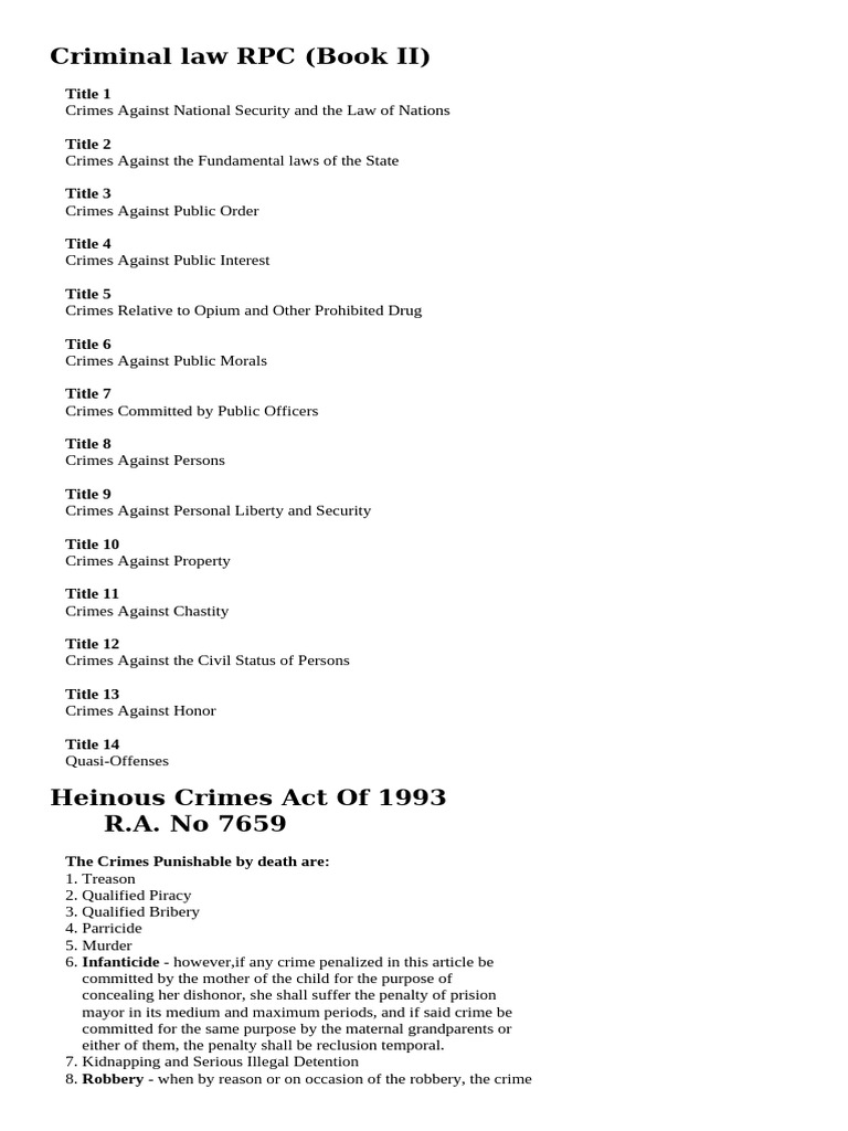Overview of Criminal Law RPC Book II | PDF | Crimes | Crime & Violence