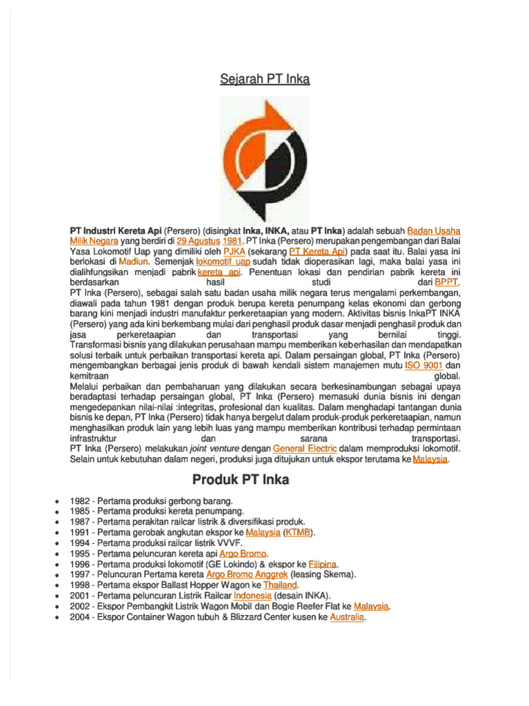 Sejarah dan Perkembangan PT Inka | PDF