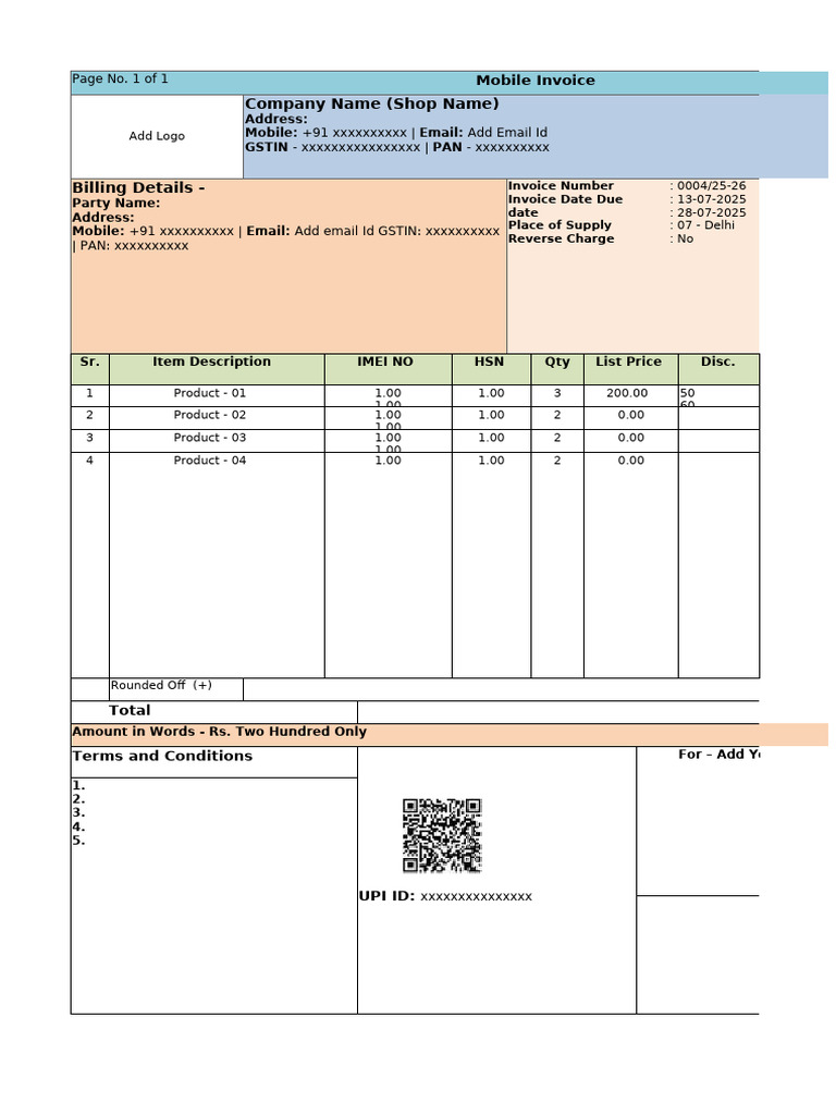 Mobile Invoice Format 01 Simple | PDF