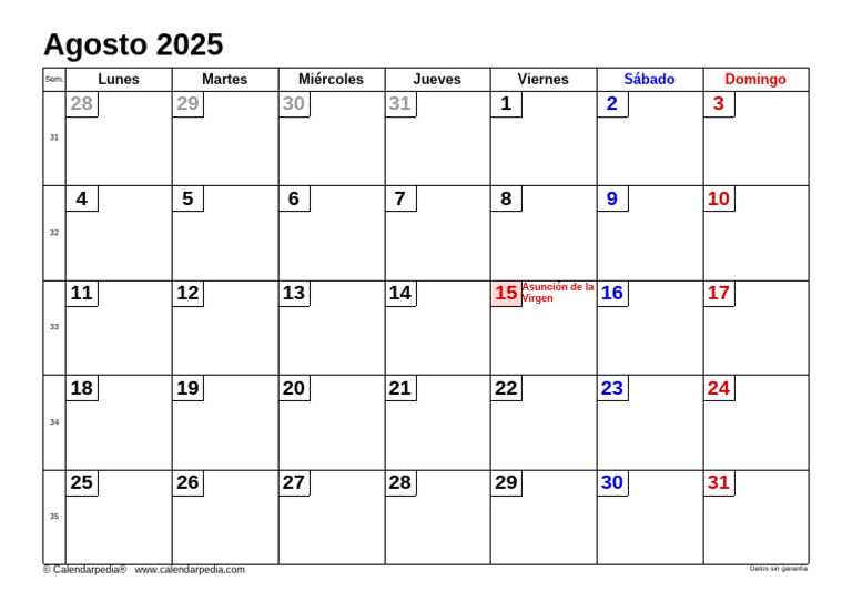 Calendario de Agosto 2025 | PDF