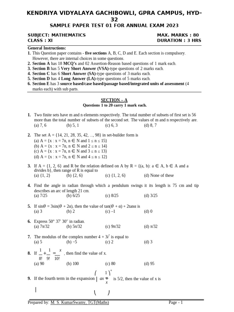 Class XI Mathematics Sample Paper 2023 | PDF | Mathematics