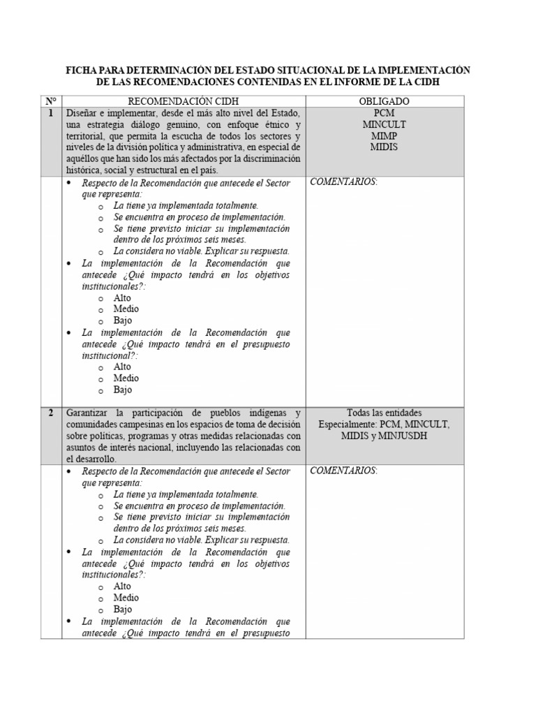 Ficha para Determinacion Del Estado Situacional de La Implementacion de ...