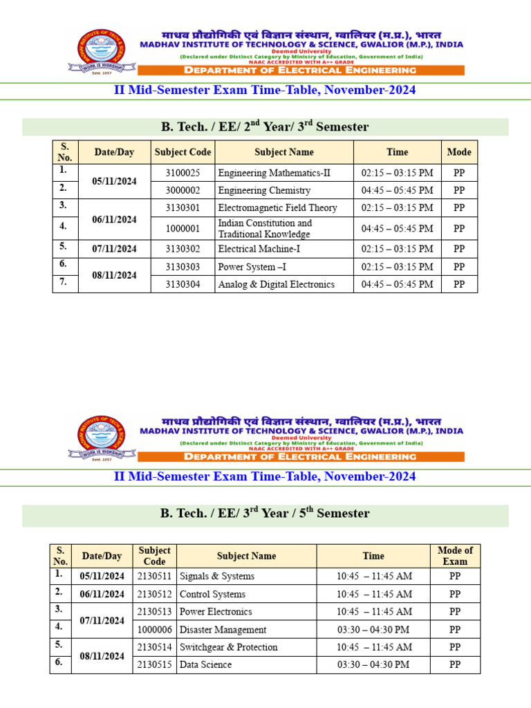 04.11.2024 Mid Sem - II Time Table November 2024 | PDF