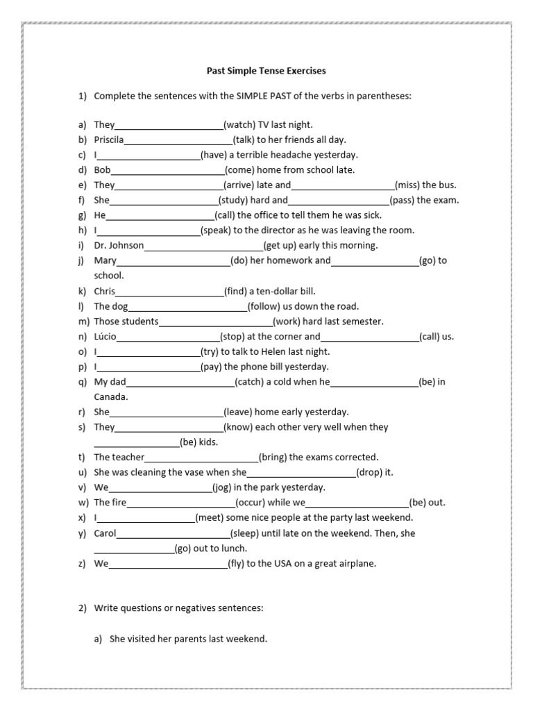 Past Simple Tense Practice Exercises | PDF | Linguistic Morphology ...