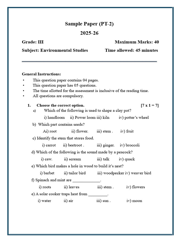 Grade 3 Environmental Studies Exam | PDF | Botany | Plants