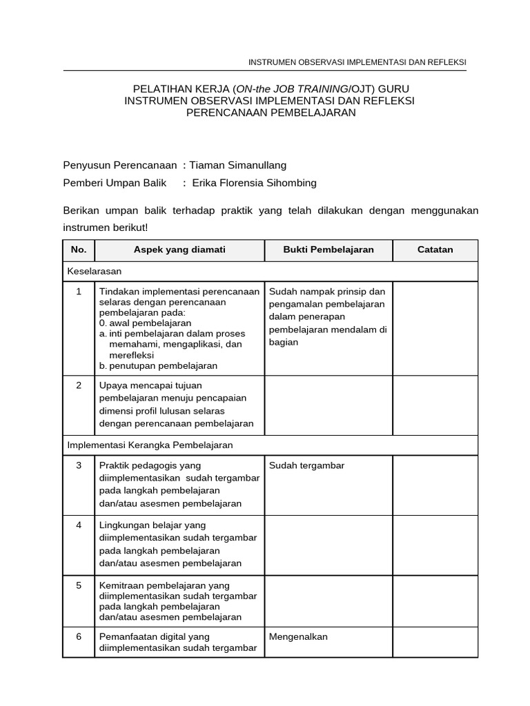 LK 3 - Instrumen Observasi Implementasi Dan Refleksi | PDF