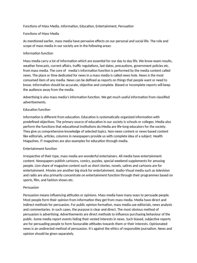 Functions of Mass Media Explained | PDF | Communication | Nonverbal ...