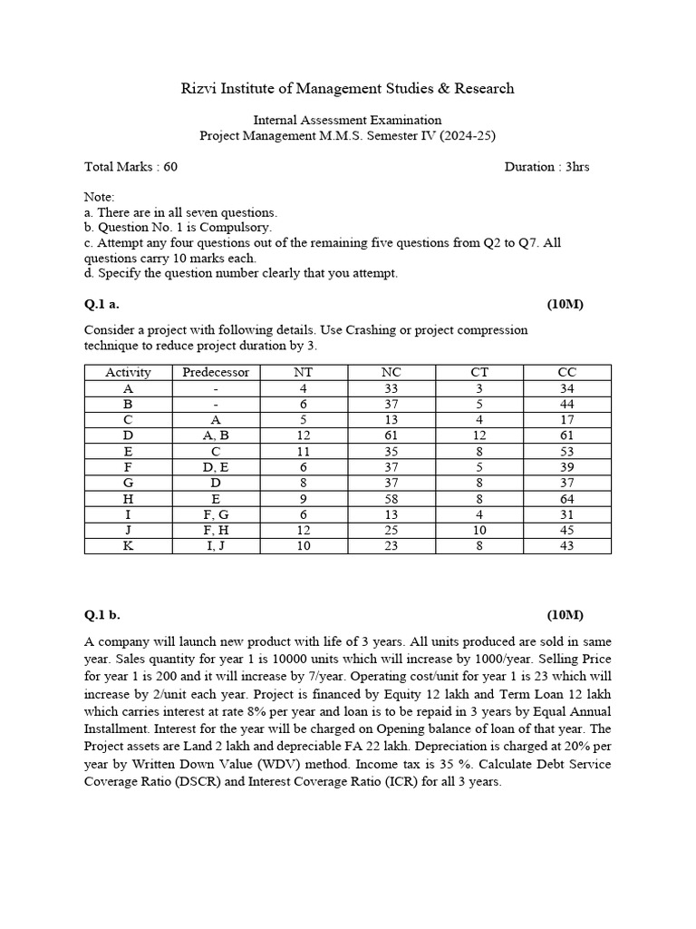 Project Management Internal Assessment 2024 | PDF | Money | Financial ...