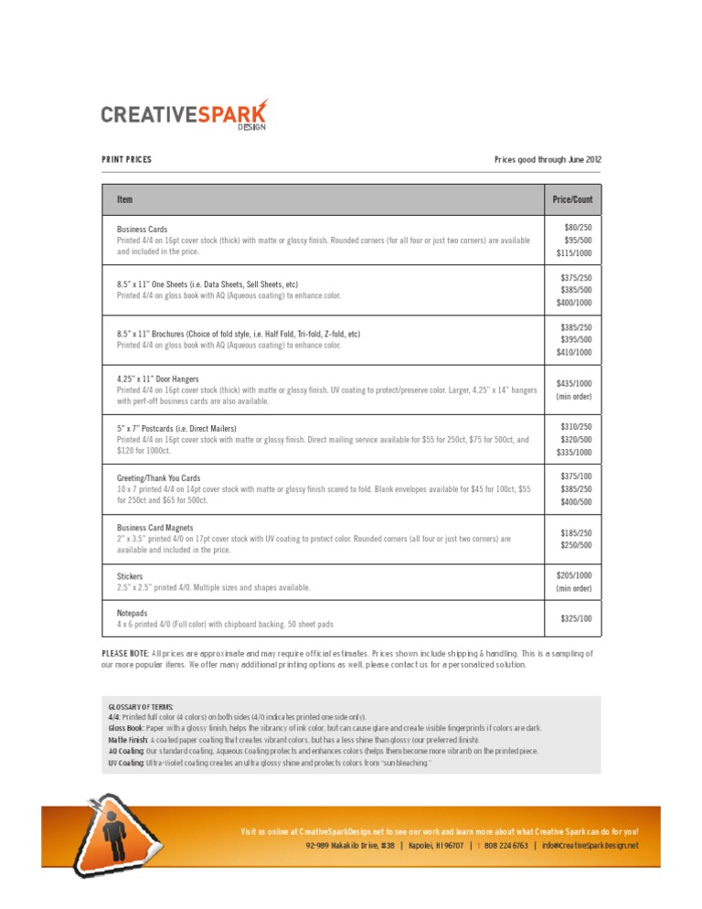 Creative Spark Design Print Prices | PDF | Coating | Media Technology
