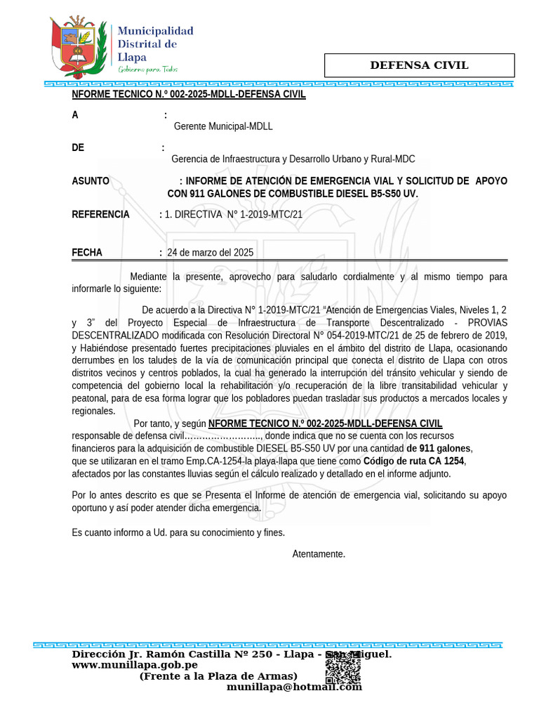 Informe de Emergencia Vial en Llapa | PDF | Transporte