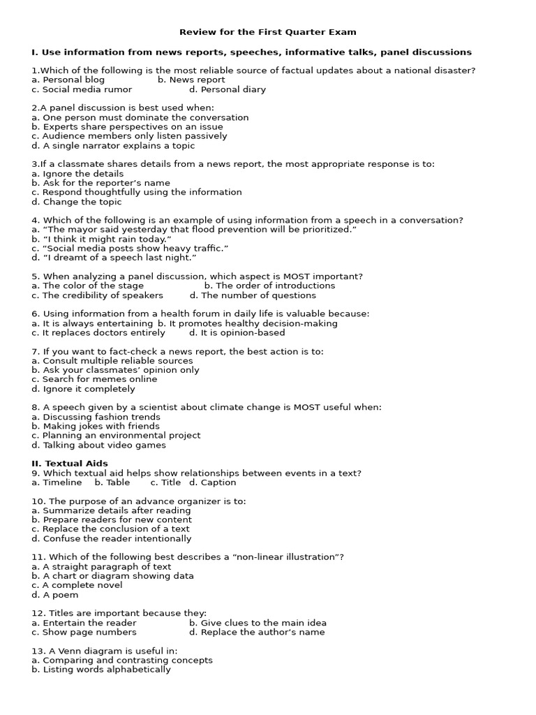 First Quarter Exam Review Guide | PDF | News | Plot (Narrative)