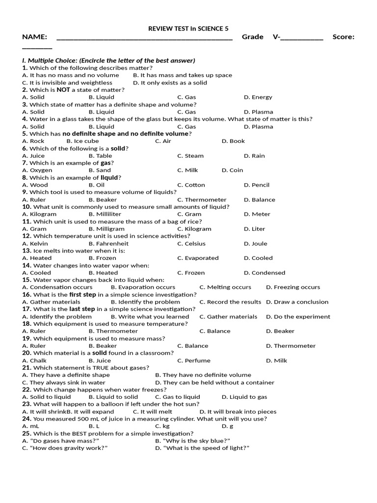 Science 5 Matter Review Test | PDF | Water | Liquids