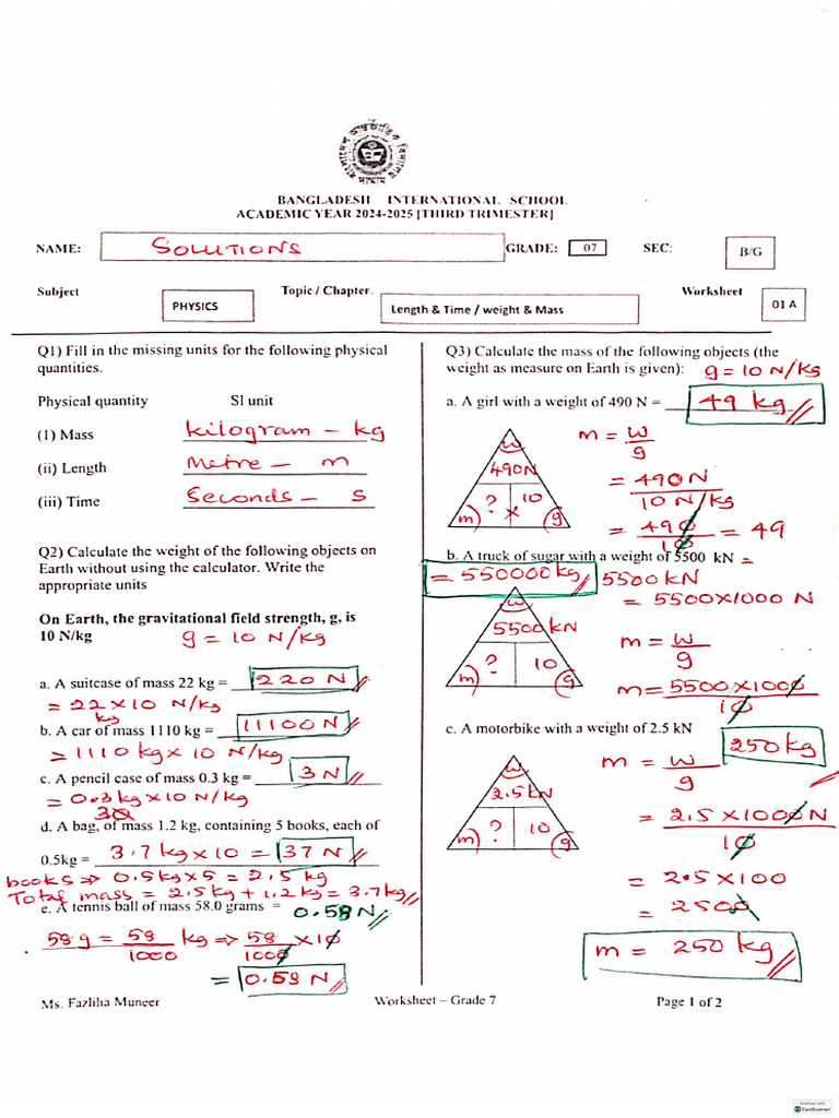 Physics GR 7 WS 1 - Solutions | PDF