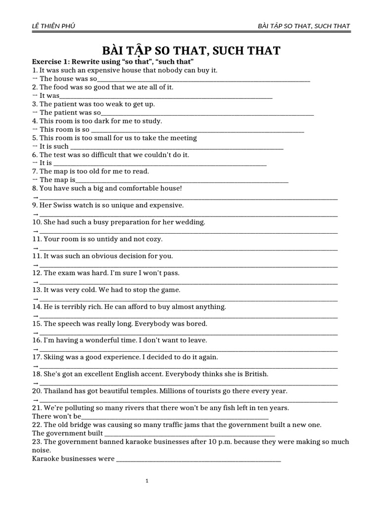 Exercises on "So That" and "Such That" | PDF
