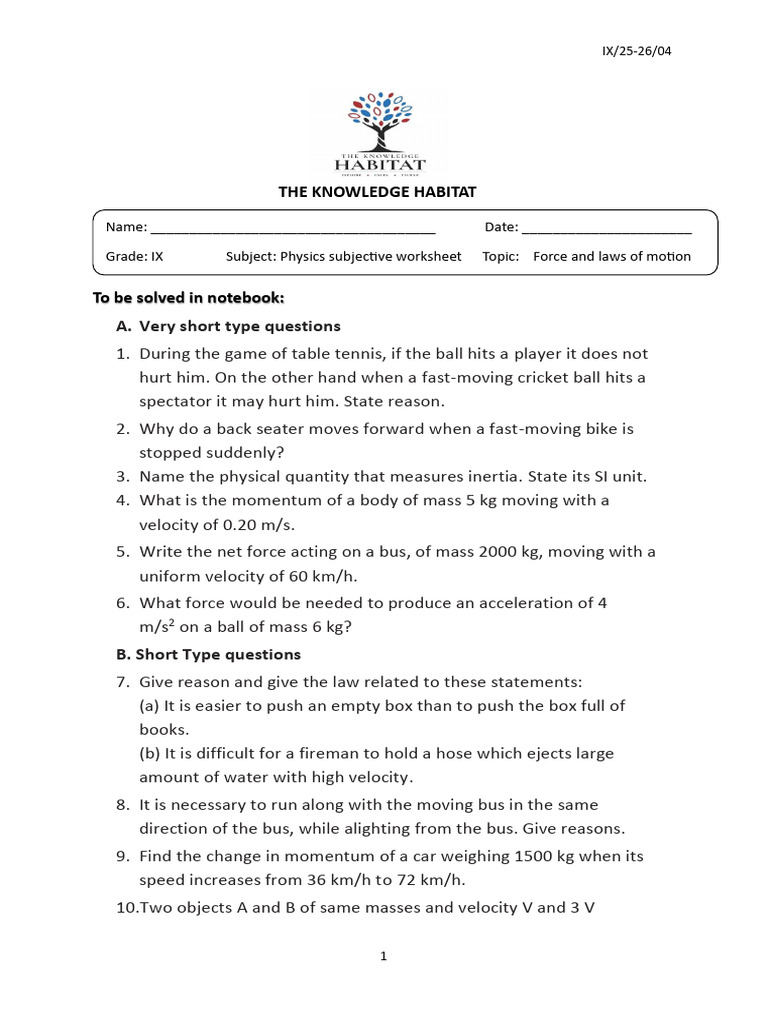 Physics Worksheet: Force & Motion Concepts | PDF | Force | Mass