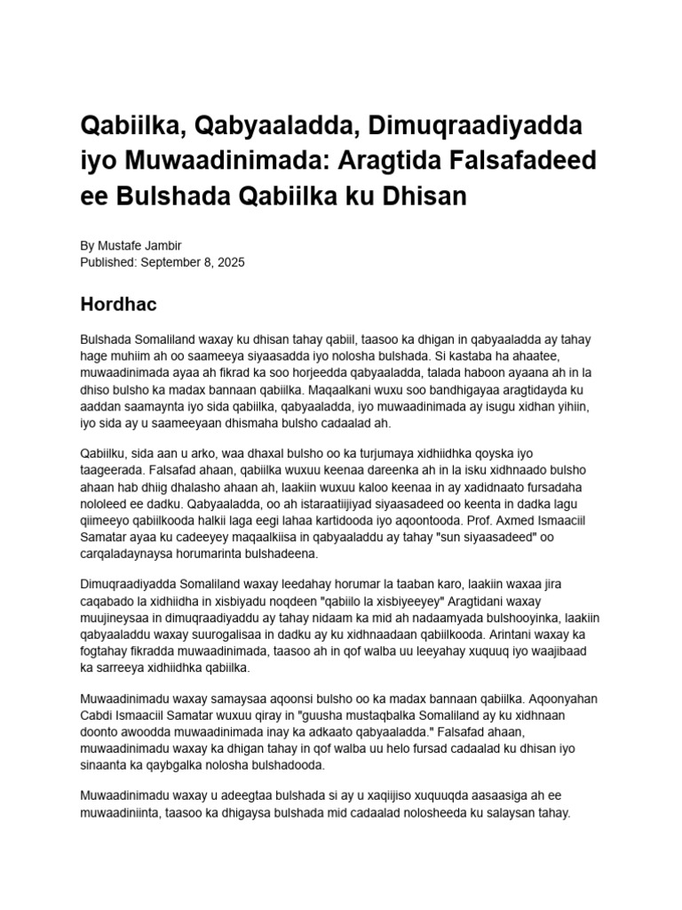 Qabiilka, Qabyaaladda, Dimuqraadiyadda Iyo Muwaadinimada - Aragtidayda ...