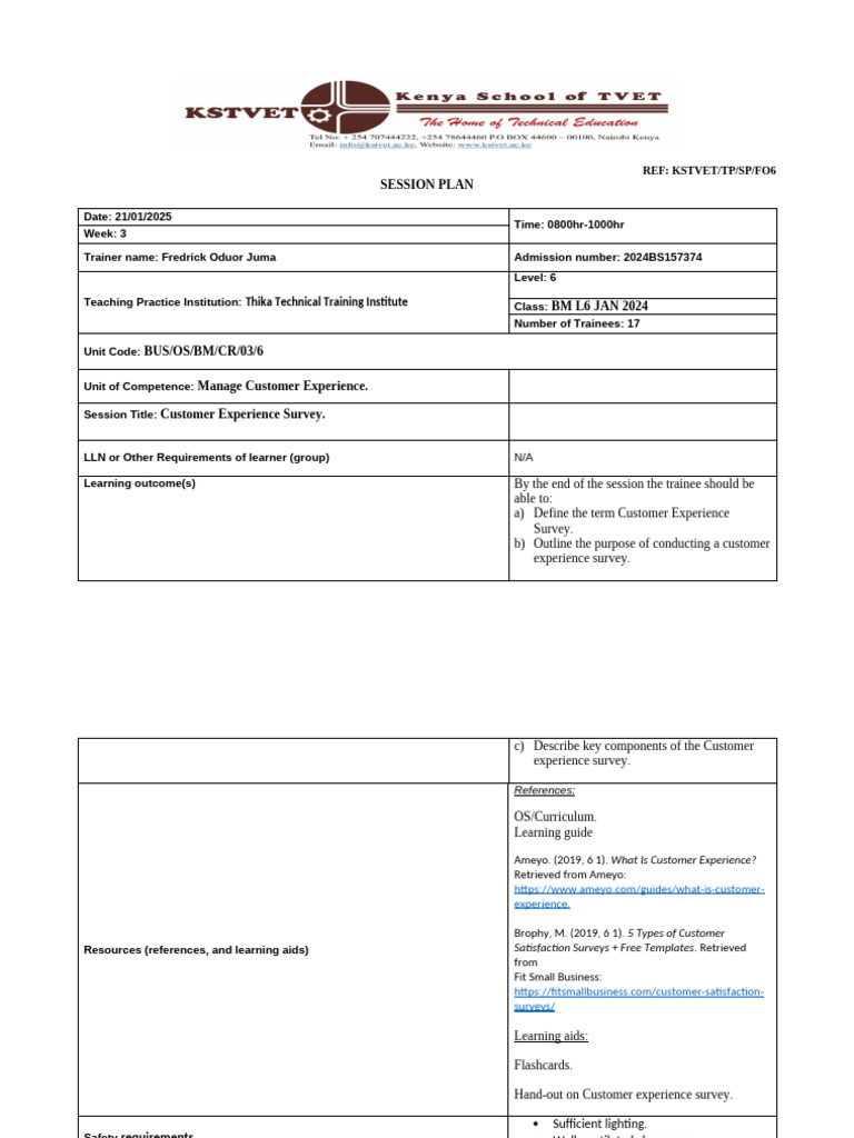 Customer Experience Survey Session Plan | PDF | Learning | Teaching