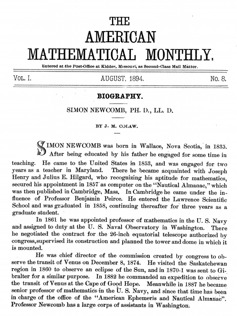 American Mathematical Monthly 1894 Vol. 001 No. 08 | PDF