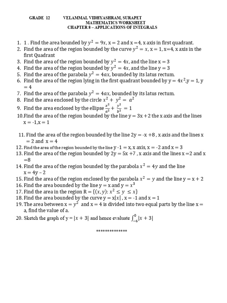 Grade 12 Mathematics: Area Integrals Worksheet | PDF