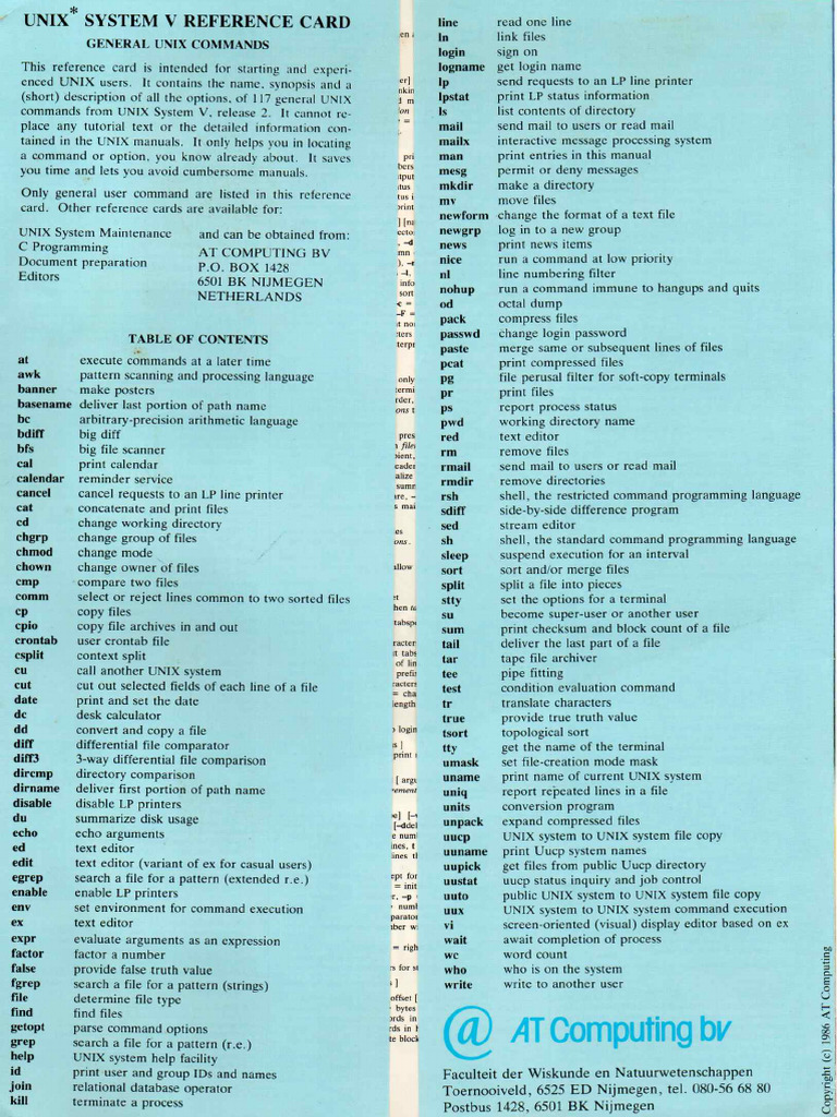 Unix System V Command Reference Card | PDF