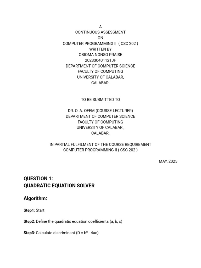 CSC 202 Assignment - 250507 - 010207 | PDF | Square Root | Quadratic ...