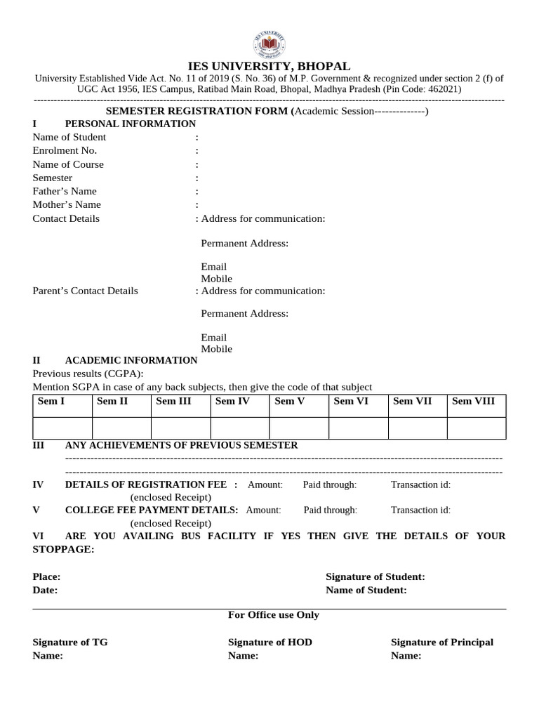 IES University Bhopal Semester Registration Form | PDF | Payments