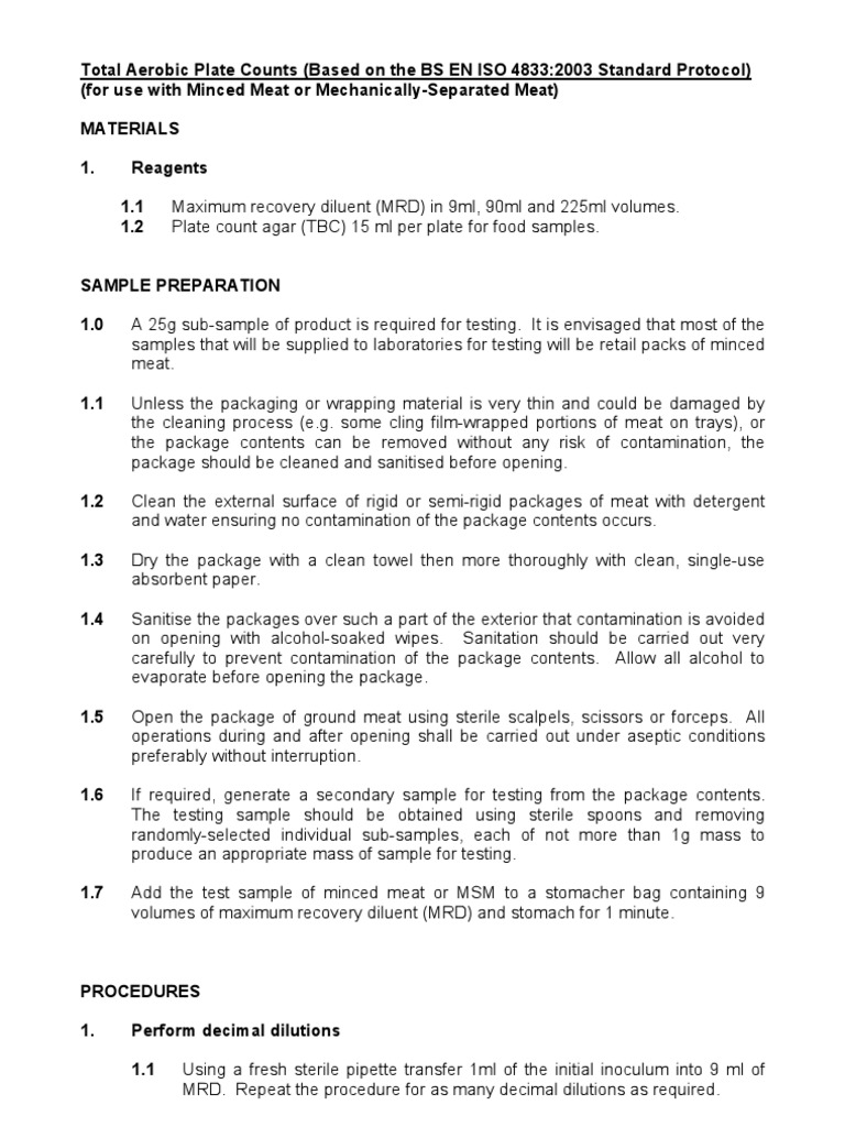 Total Aerobic Plate Count Protocol | PDF