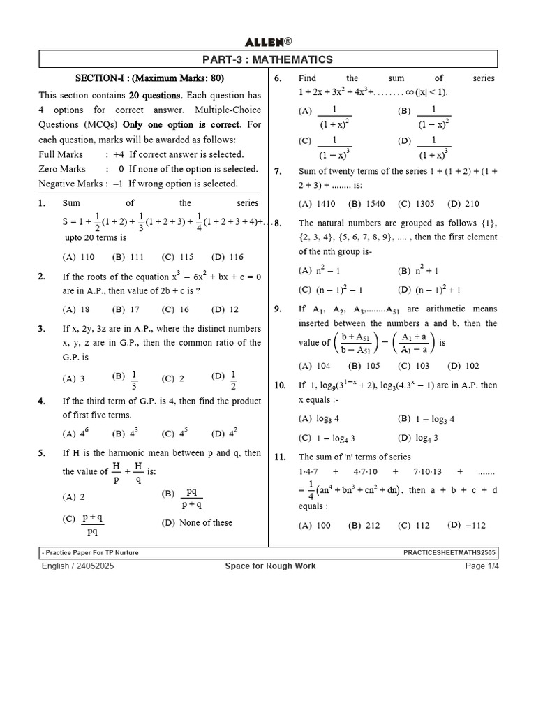 Math Practice Paper MCQs and Answers | PDF