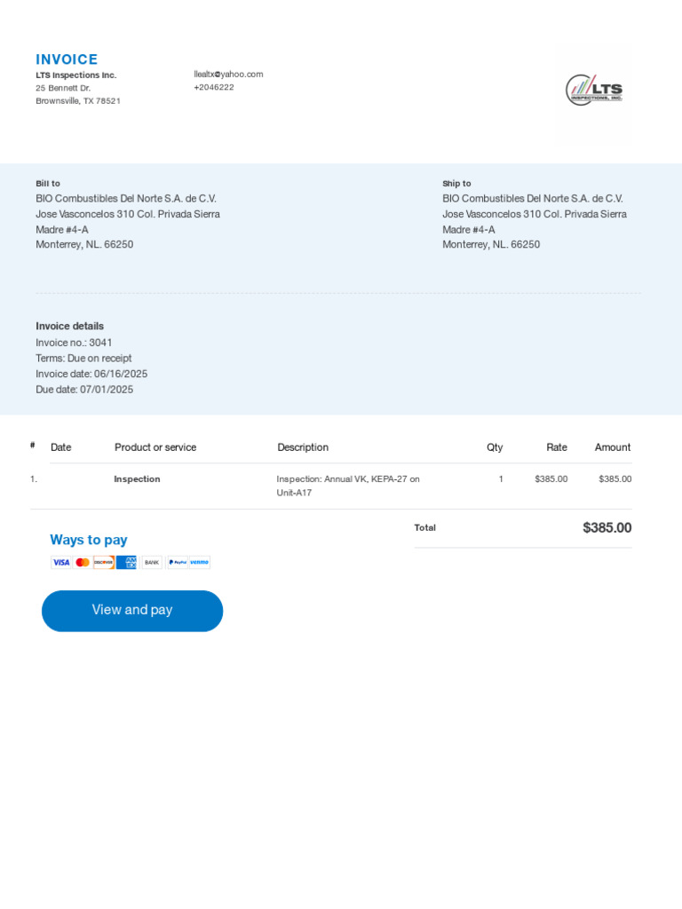 Invoice for Annual Inspection Services | PDF