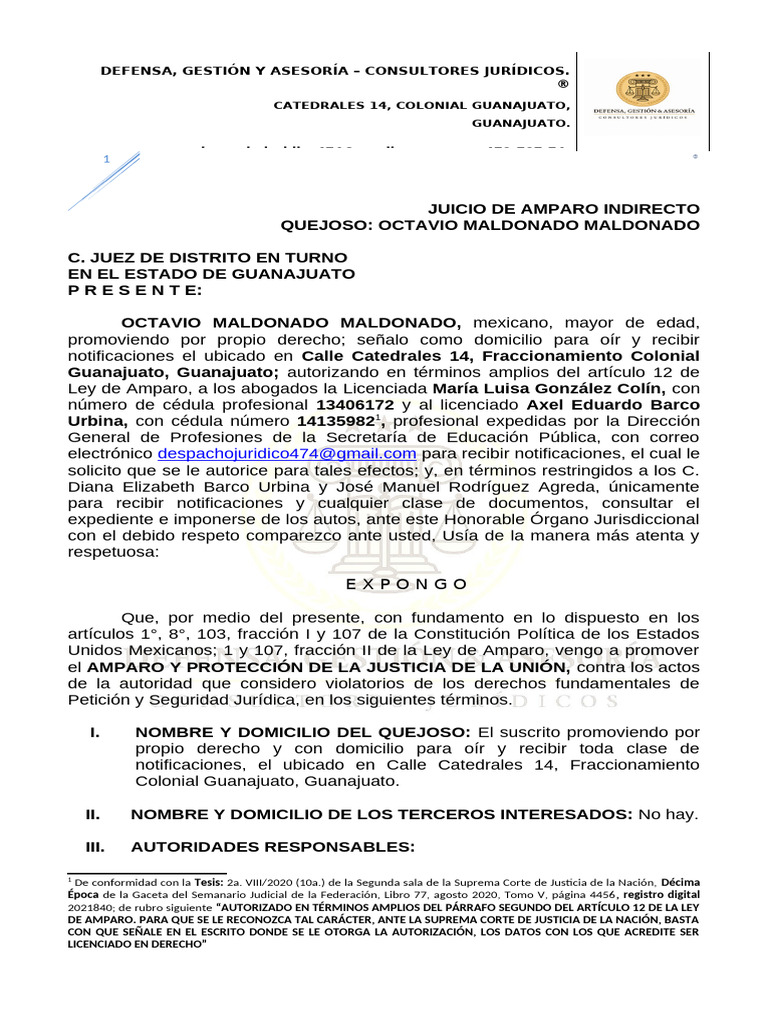 Juicio de Amparo Indirecto en Guanajuato | PDF | Caso de ley | Derecho ...