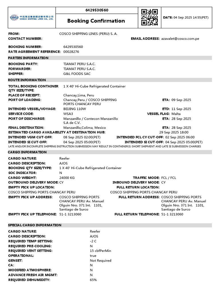 COSCO Shipping Booking Confirmation | PDF | Cargo | Freight Transport