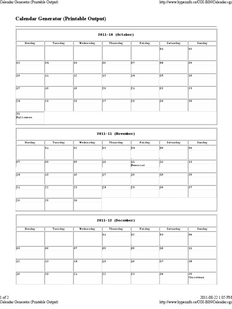 Calendar Generator Printable Output PDF
