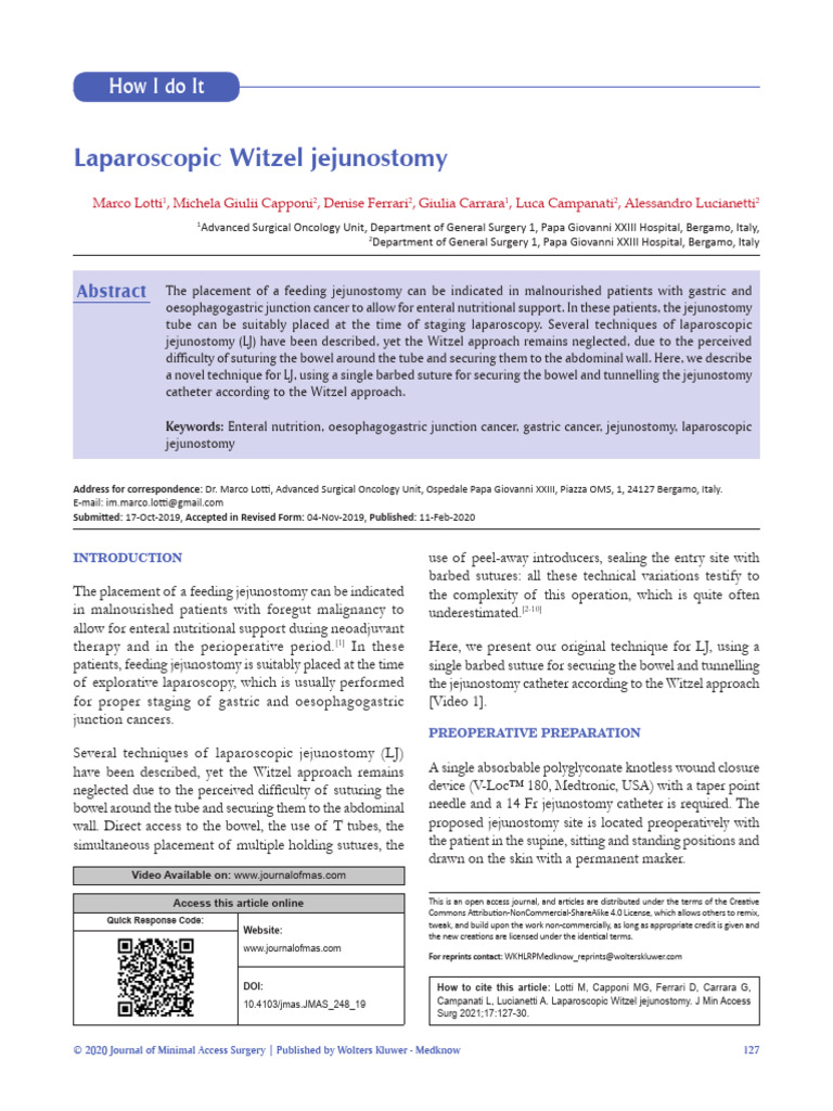 Laparoscopic Witzel Jejunostomy Technique | PDF | Surgical Suture ...