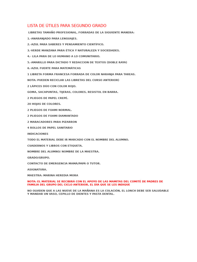 Útiles escolares para segundo grado | PDF