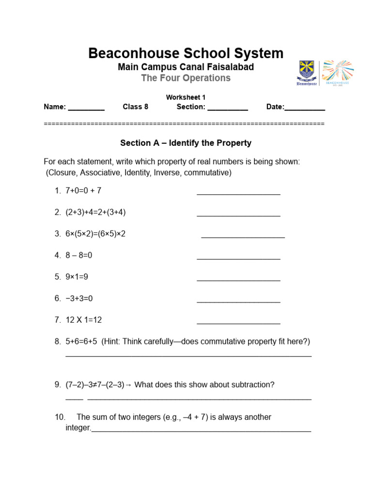Real Number Properties Worksheet for Class 8 | PDF | Multiplication ...