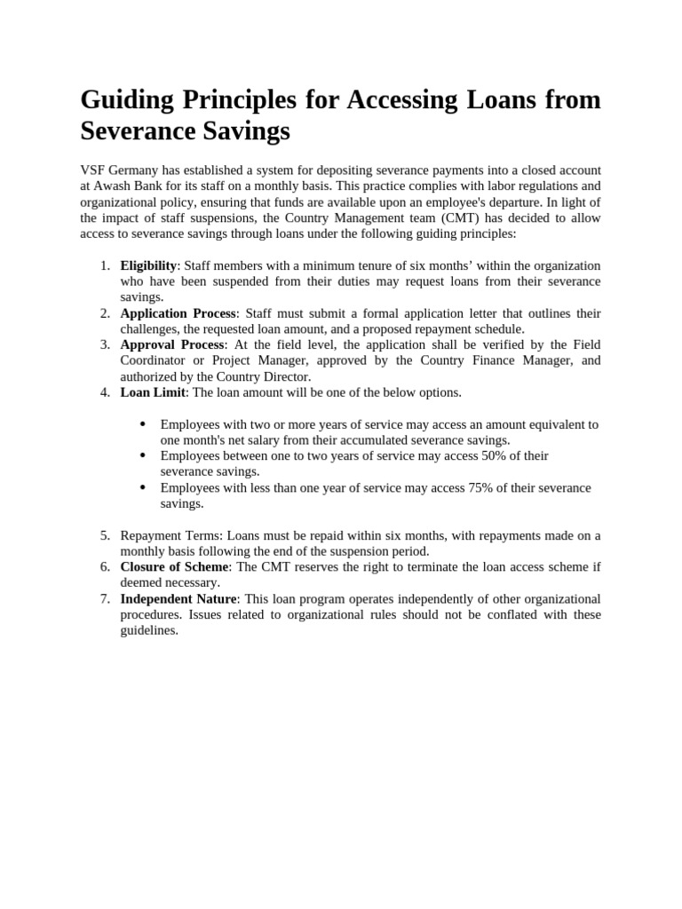 Guiding Principles For Accessing Loans From Severance Savings May | PDF