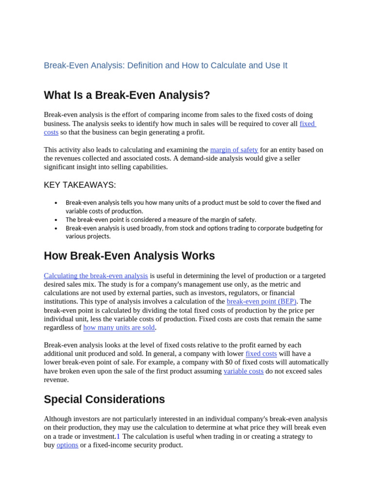 Break-Even Analysis: Definition & Calculation | PDF | Margin (Finance ...