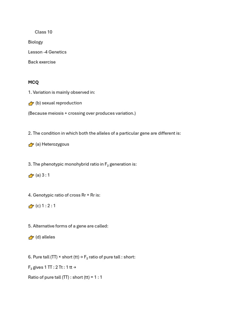 Class 10 Genetics MCQs and Concepts | PDF | Genotype | Genetics