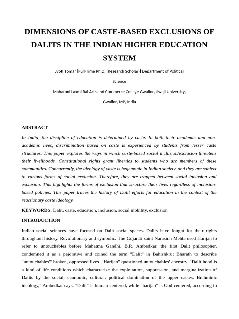 Caste Exclusion of Dalits in Education | PDF | Dalit | Caste