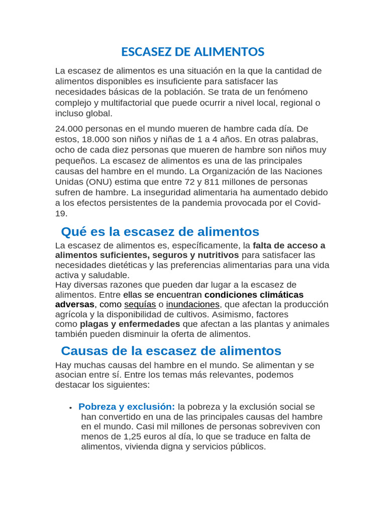 Causas y Consecuencias de la Escasez Alimentaria | PDF | Alimentos ...