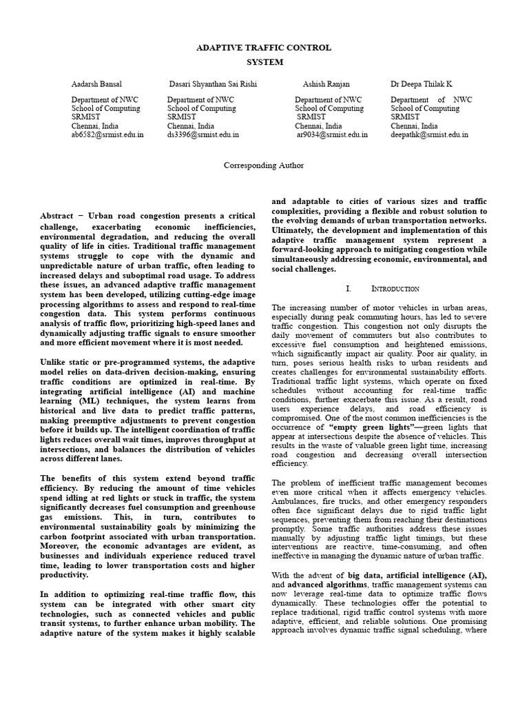 Adaptive Traffic Control System Overview | PDF | Traffic | Deep Learning