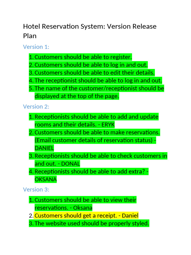 Hotel Reservation System Release Plan | PDF